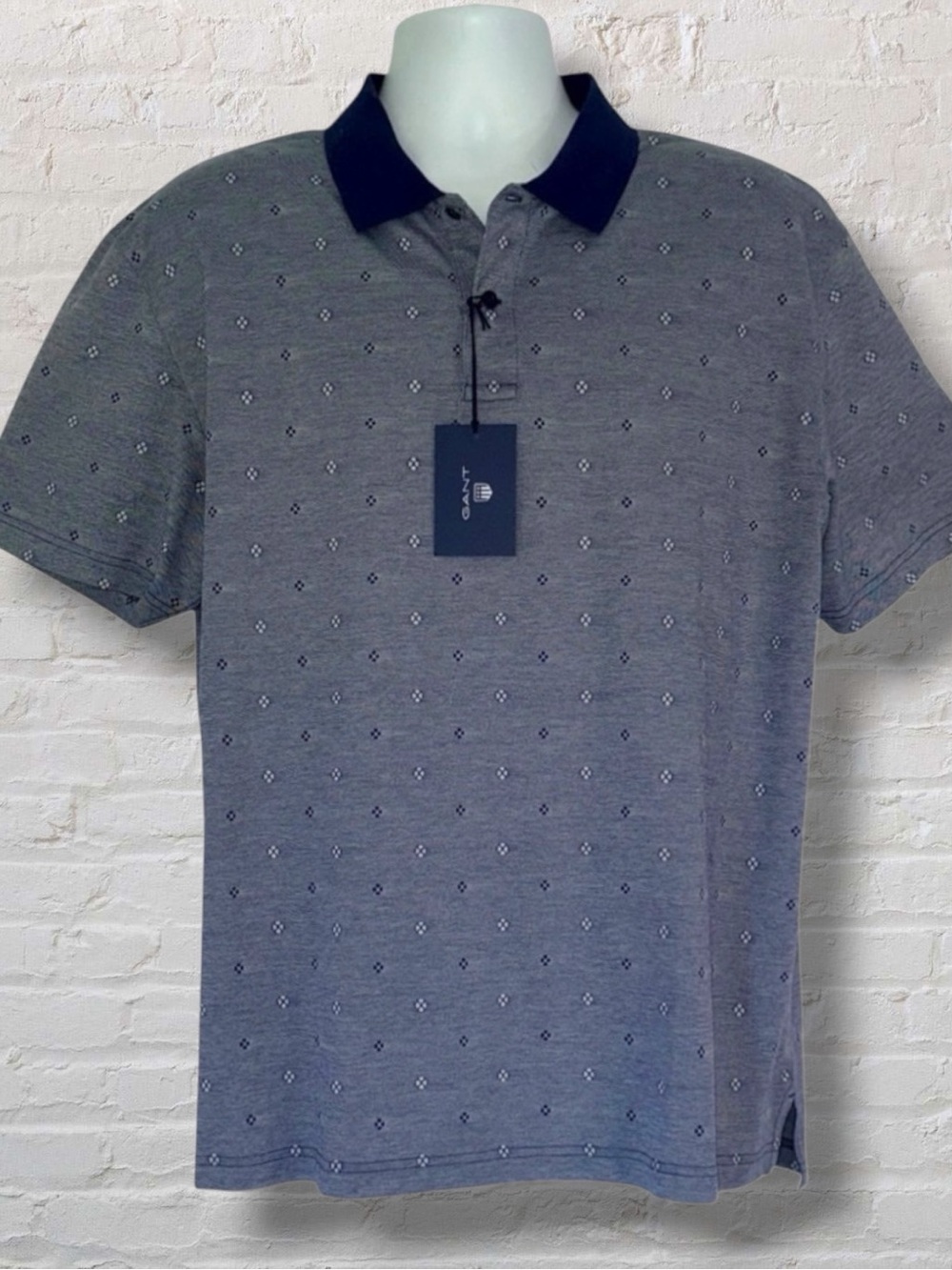 GANT 2XL Mercerized Cotton Polo Shirt Gray Navy Geometric Print Short Sleeve NWT